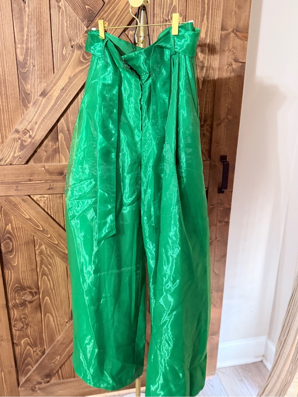 Eva Franco Lustrous Emerald Wide-Leg High Waist Pants with Sash